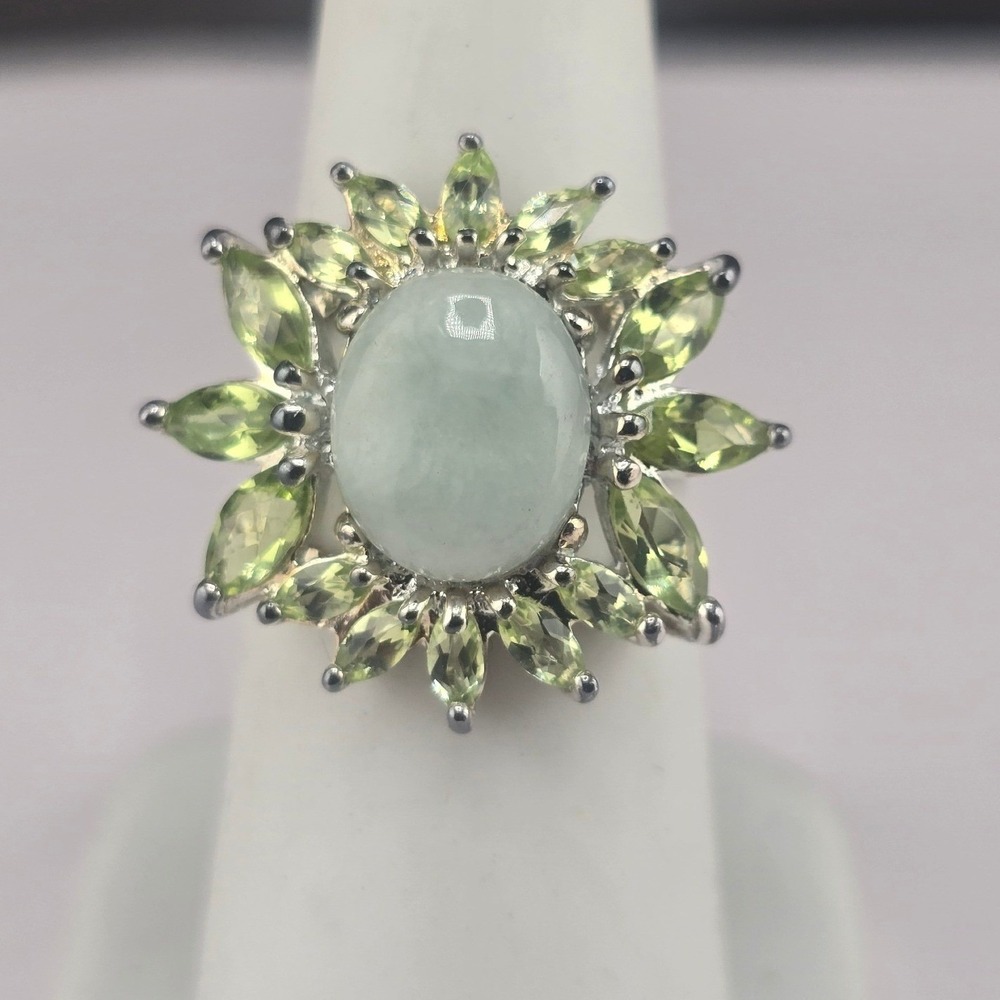 Vintage Estate Cluster Ring Green Silver Sunburst Floral Marquise 7